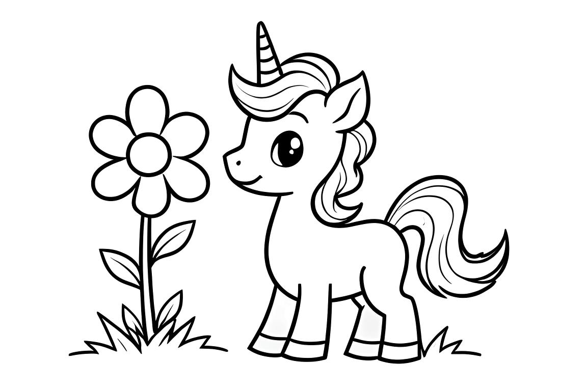 Ilustração fácil para colorir de um alicórnio e uma flor grande feita para crianças de 3 anos