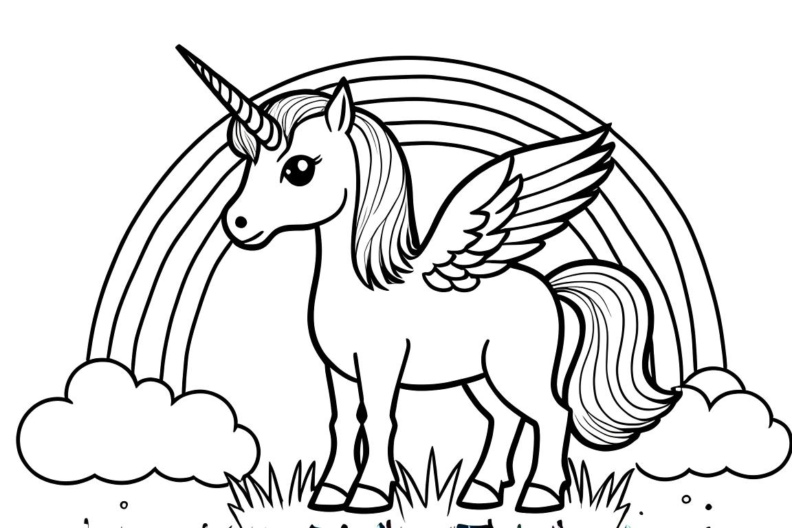 Ilustración para libro para colorear infantil de un alicornio junto a un arcoíris con contornos simples para colorear