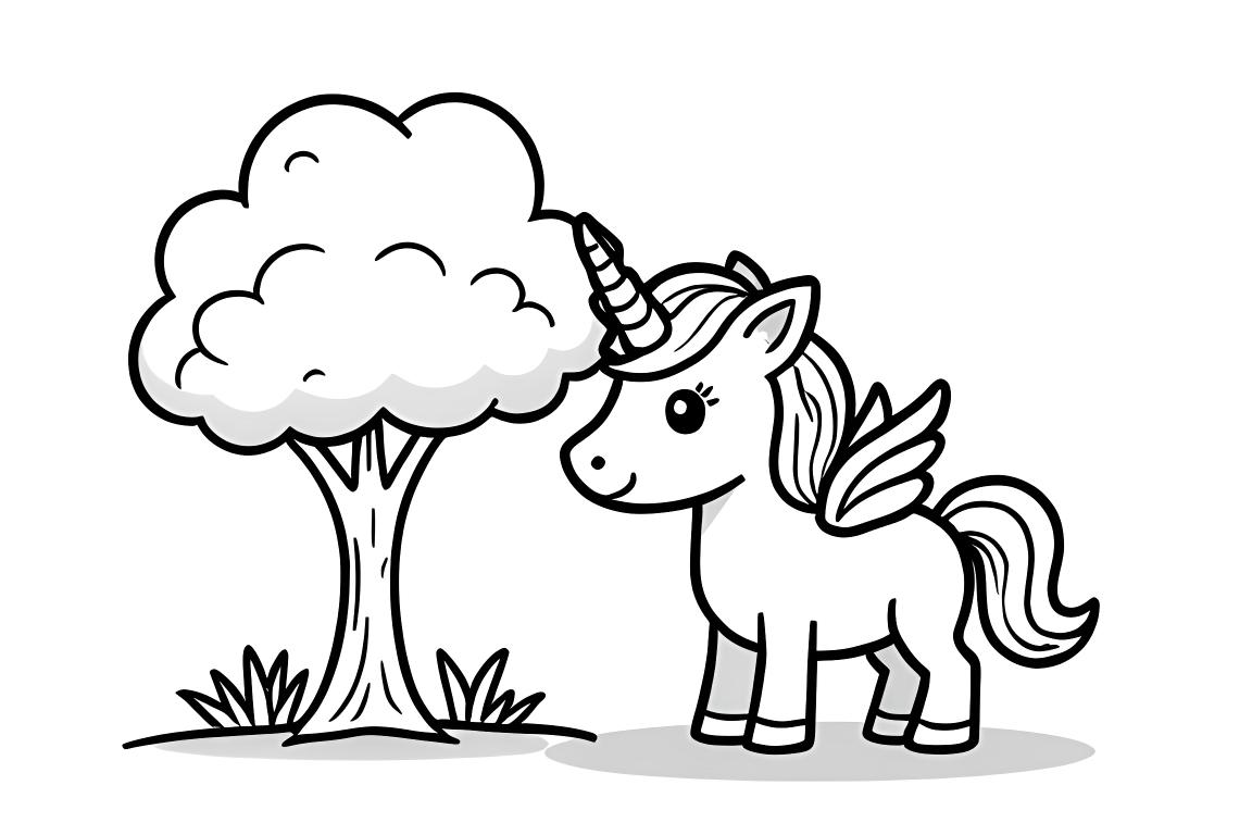 Simple nature coloring book page showing an alicorn by a tree, perfect for 3 year old children