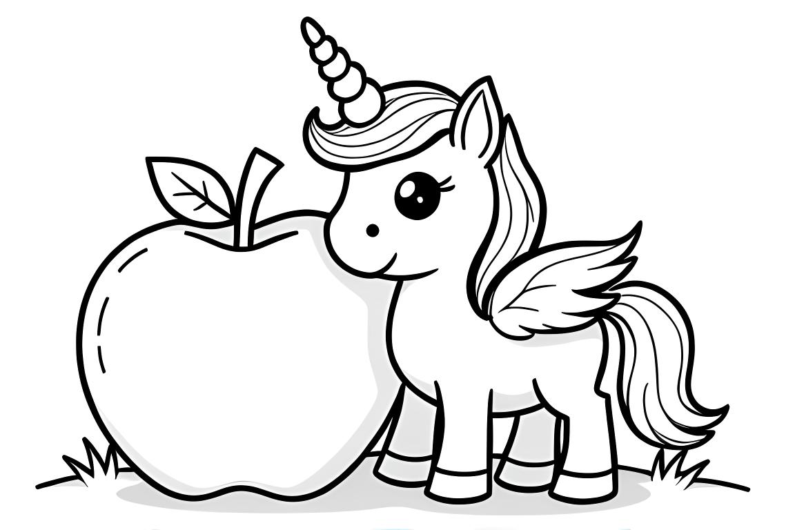 Ilustración simple para colorear de un alicornio con una manzana, diseñada para niños de 3 años