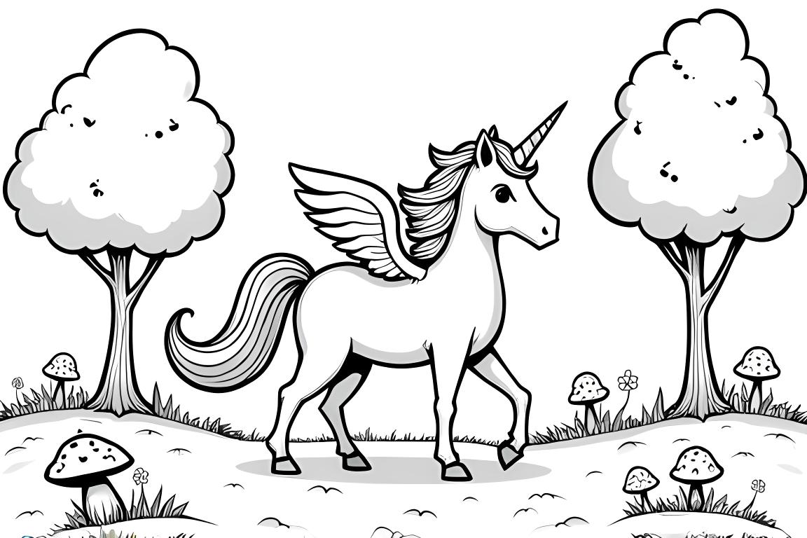 Simple children's coloring book page of an alicorn in an enchanted forest with trees and flowers