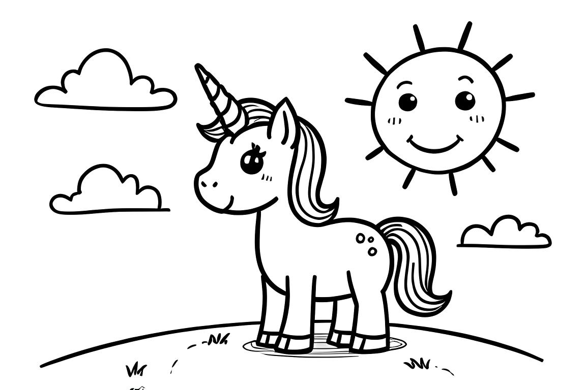 Illustration joyeuse de livre de coloriage pour enfants d'une alicorne sous un soleil souriant, parfaite pour les enfants de 3 ans
