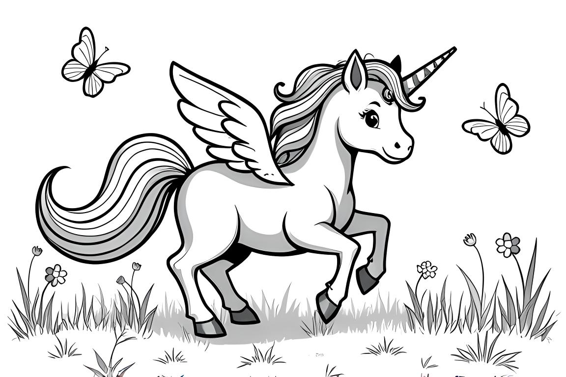 Ilustración para libro para colorear infantil de un alicornio juguetón rodeado de mariposas en un prado de flores