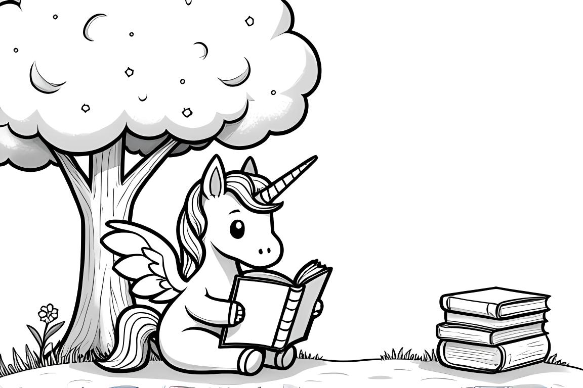 Kinder-Malbuch Illustration eines Alicorns, das unter einem Baum ein Buch liest, mit einfachen Konturen