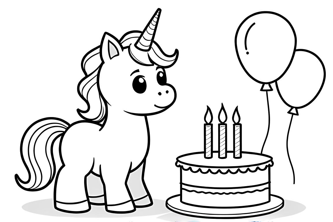 Födelsedagsfärgläggningssida med alicorn och tårta, designad för 3-åriga barn