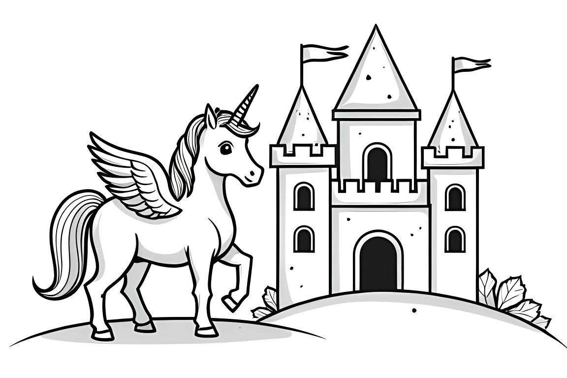 Children's coloring book illustration of a majestic alicorn standing in front of a fairy tale castle