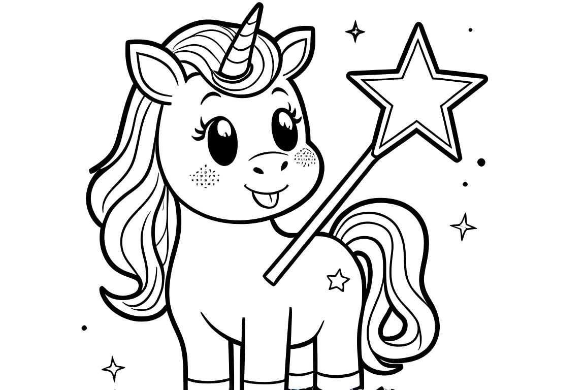 Magisk barnfärgläggningssida med en alicorn och en trollstav, designad för 3-åriga barn
