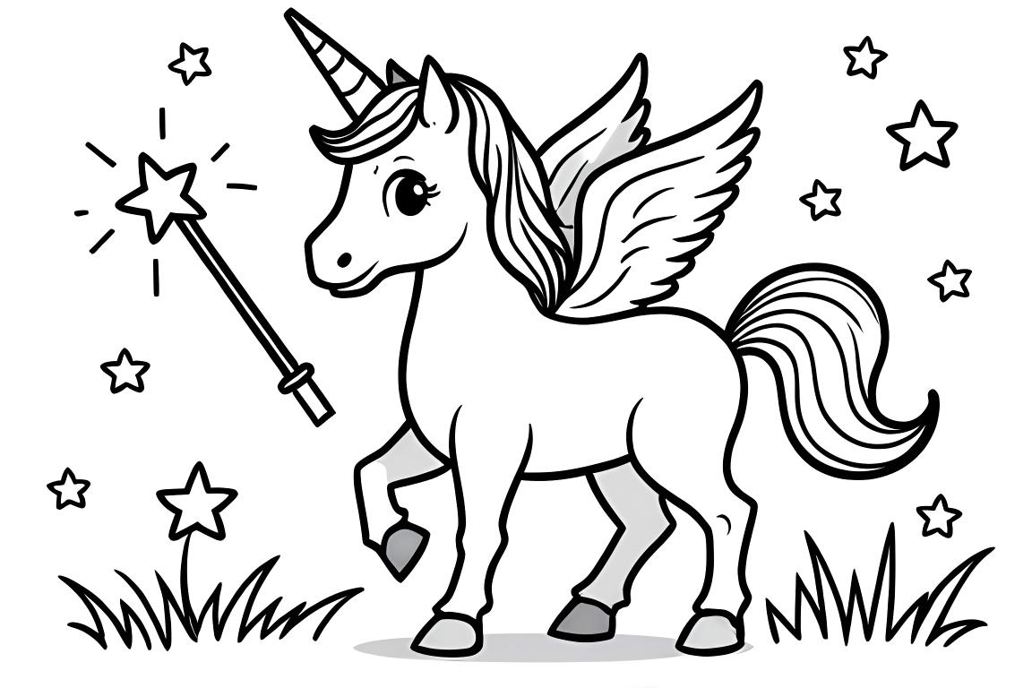 Simple children's coloring book page of an alicorn holding a magic wand surrounded by stars