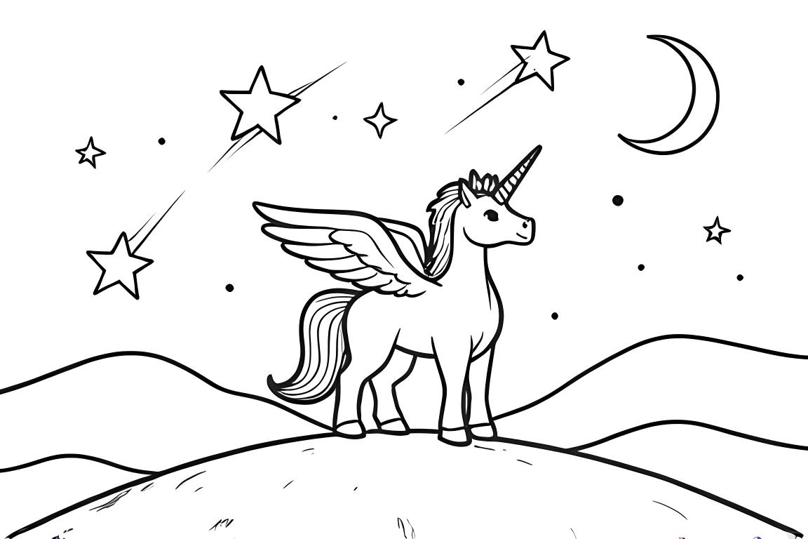 Enkel barnmålarbild med en alicorn som tittar på fallande stjärnor på natthimlen