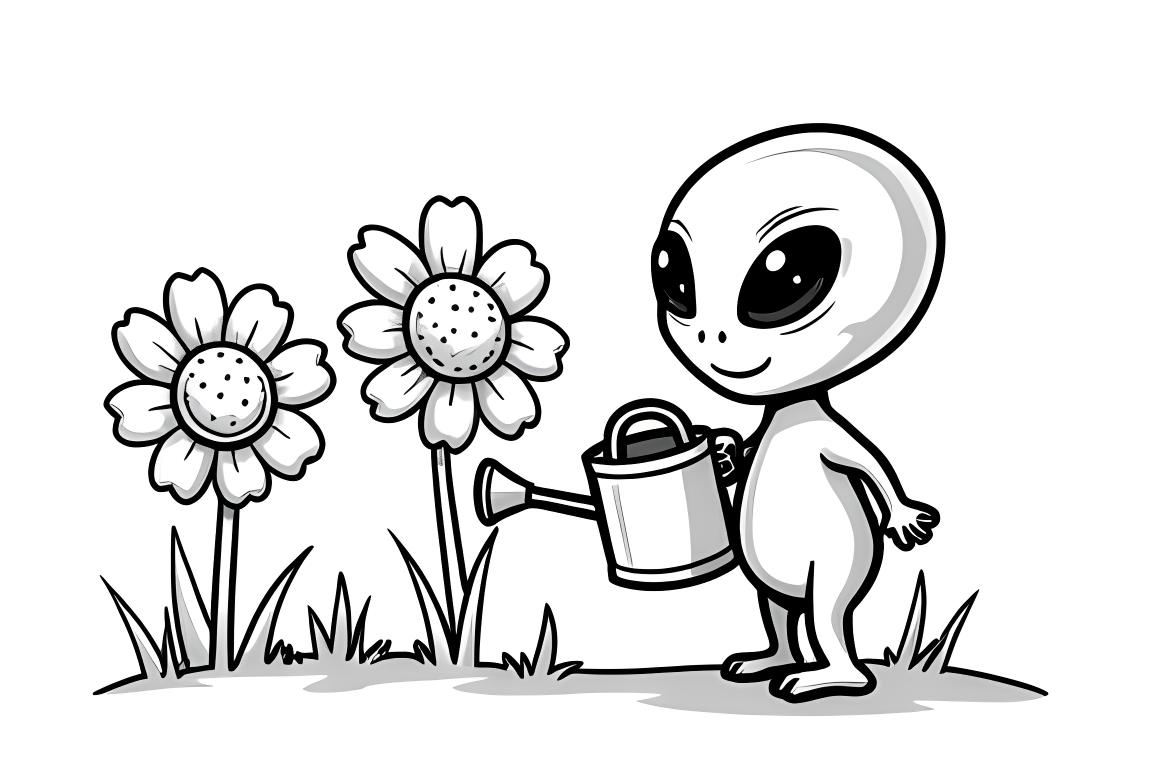 Ilustración de colorear infantil simple de un alienígena regando flores en un jardín, perfecto para niños pequeños