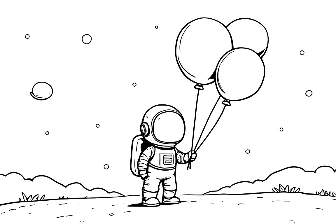 Ilustración simple de un libro de colorear infantil de un astronauta sosteniendo globos en el espacio, diseñado para niños pequeños.