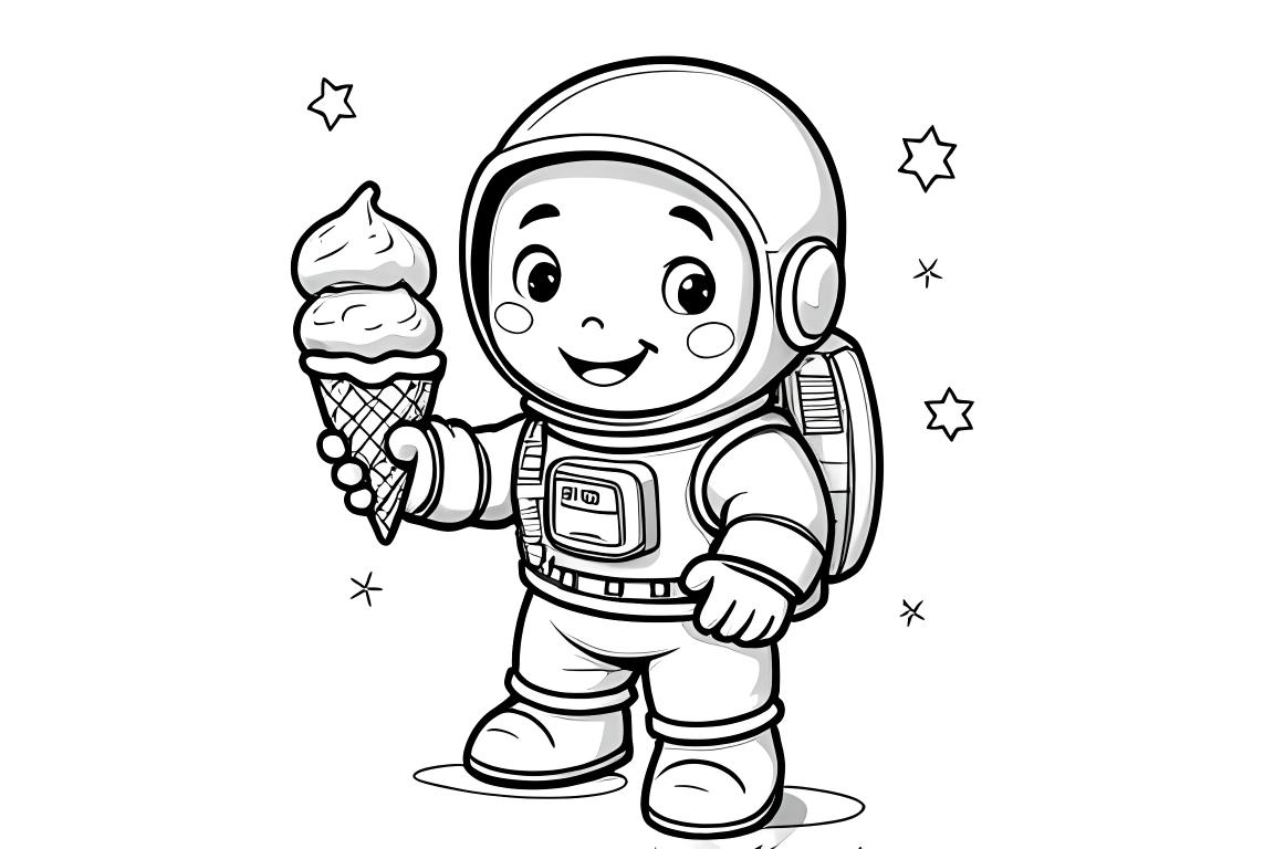Página simple de un libro para colorear infantil mostrando a un astronauta con un cono de helado, perfecta para niños pequeños.