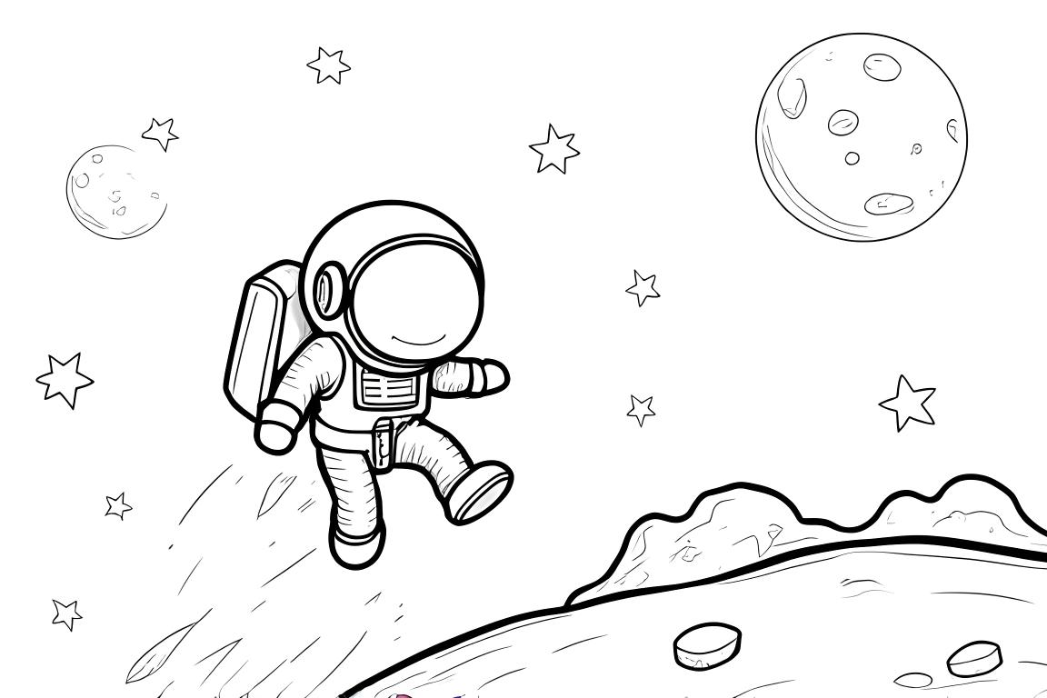 Página simple para colorear de un astronauta saltando en la luna, perfecta para niños pequeños