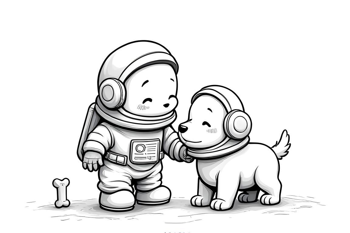 Ilustración simple para un libro de colorear infantil de un astronauta jugando con un cachorro espacial, diseñado para niños pequeños.