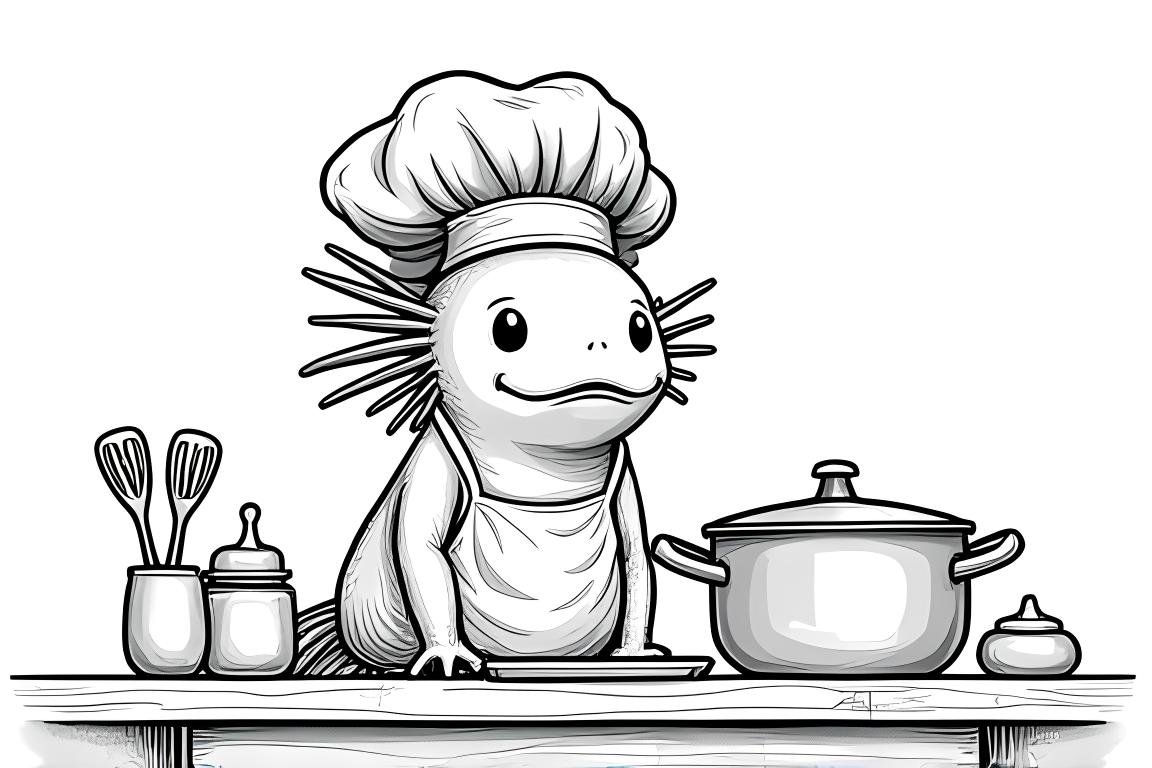 Illustrazione di un libro da colorare di un axolotl chef che cucina in cucina