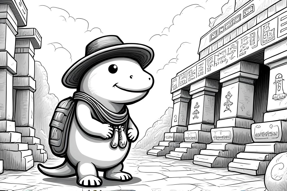 Illustration détaillée de livre de coloriage d'un axolotl explorateur dans un temple ancien