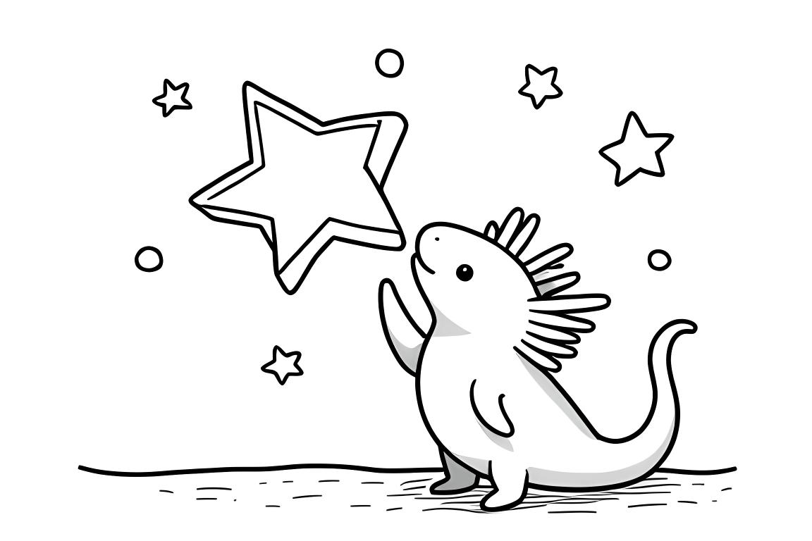 Illustrazione semplice di un libro da colorare di un axolotl che raggiunge una grande stella, progettata per i toddler