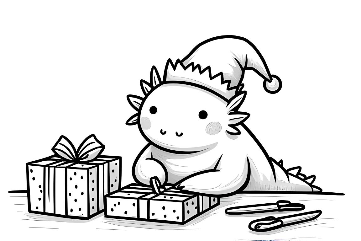 Seite im Malbuch für Kinder mit einem Axolotl-Elfen, der Weihnachtsgeschenke an einem Werkstatt-Tisch einwickelt