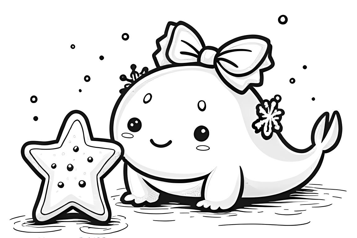 Página de un libro para colorear infantil que presenta a un lindo axolotl con una galleta navideña, ideal para niños pequeños.