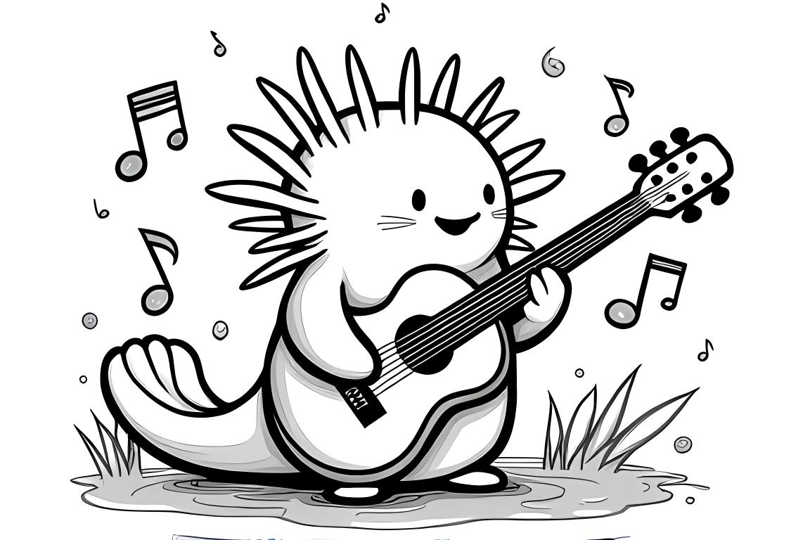 Illustrazione di un libro da colorare di un axolotl che suona musica con vari strumenti