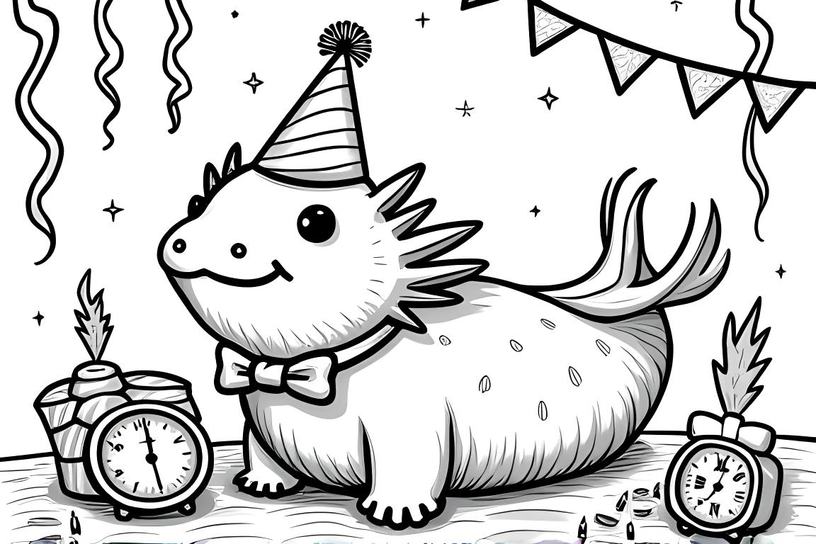 Pagina da colorare dettagliata per bambini di un axolotl che celebra il Capodanno con decorazioni per feste e orologio di mezzanotte