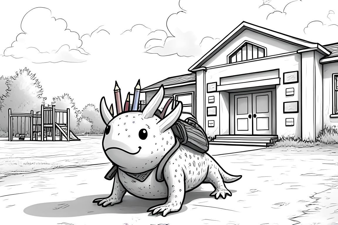 Färgläggningsbok illustration av en glad axolotl med ryggsäck på väg till skolan