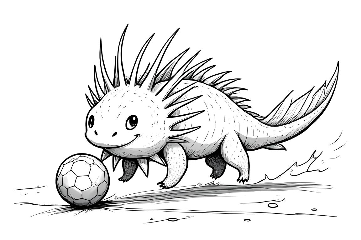 Illustration de livre de coloriage d'un axolotl jouant à des sports avec divers équipements