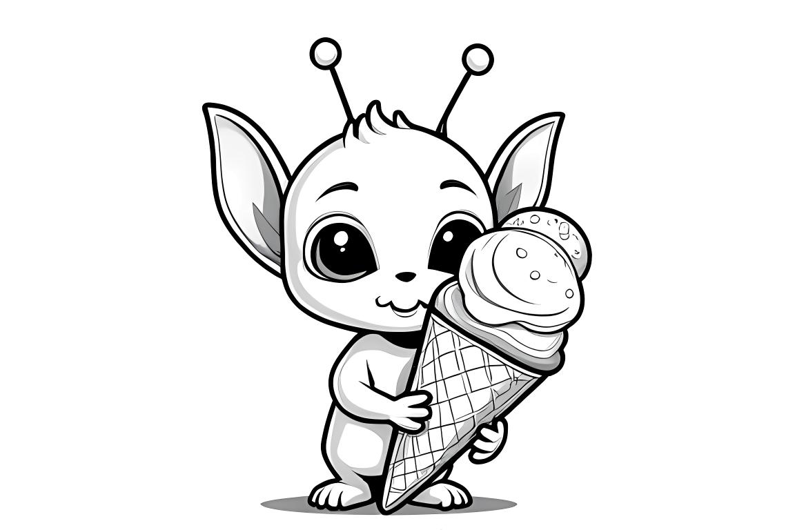 Página de colorear infantil simple de un adorable bebé alienígena disfrutando de un cono de helado, perfecto para niños pequeños