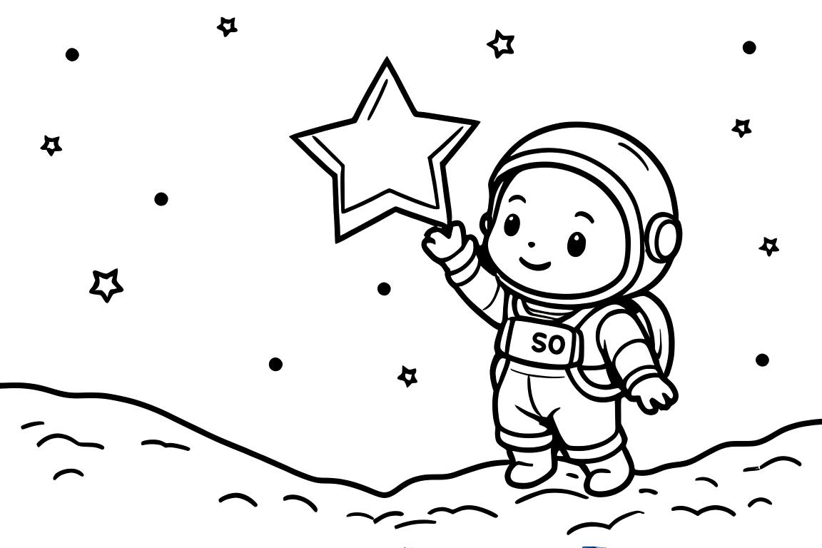 Pagina di un libro da colorare semplice di un baby astronauta che raggiunge una stella, perfetta per i bambini piccoli