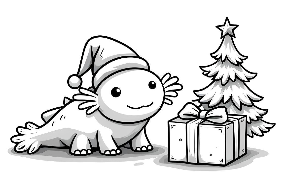 Semplice pagina da colorare per bambini di un baby axolotl con cappello di Babbo Natale accanto a un regalo di Natale, ideale per i più piccoli