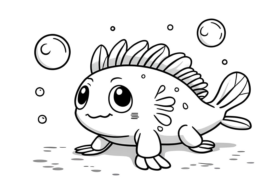 Illustrazione semplice di un libro da colorare di un axolotl felice con bolle, perfetta per i toddler