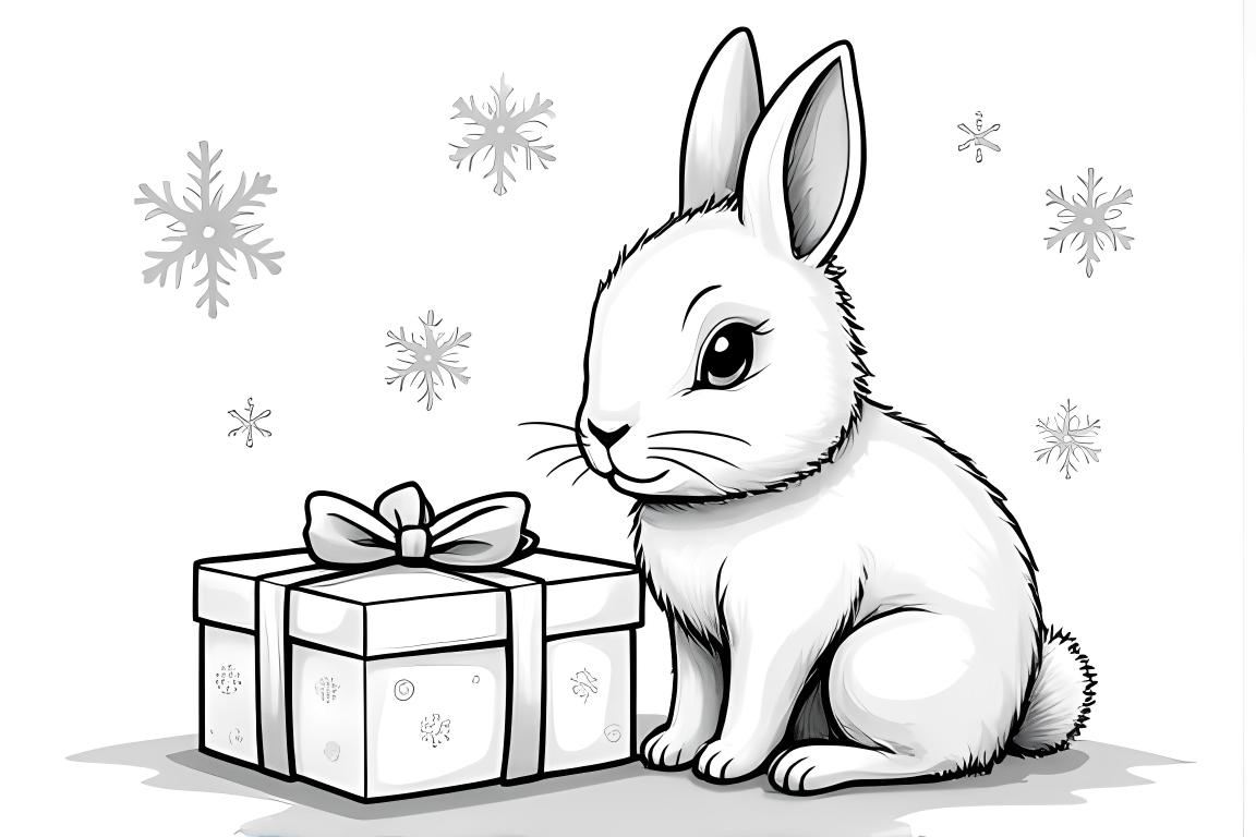Página sencilla del libro de colorear de un lindo conejito bebé con un regalo de Navidad, perfecta para niños pequeños