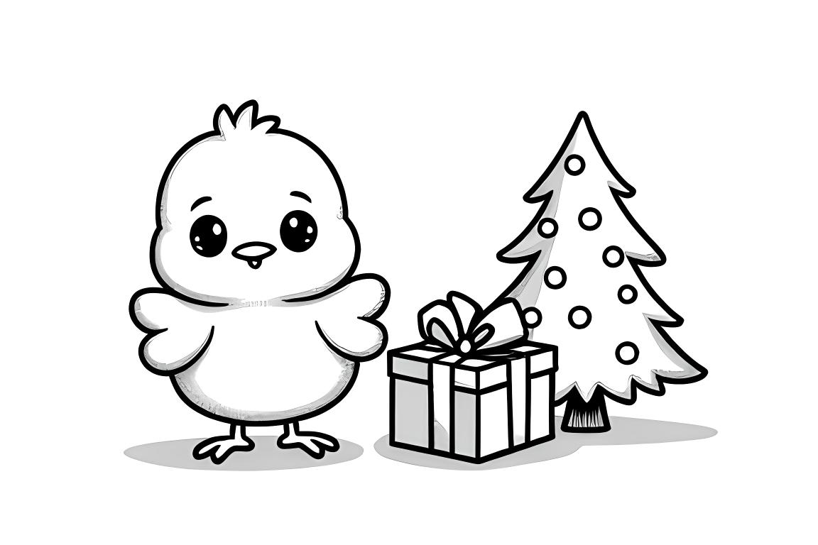 Página simple para colorear de un pollito con un regalo de Navidad, perfecto para los más pequeños