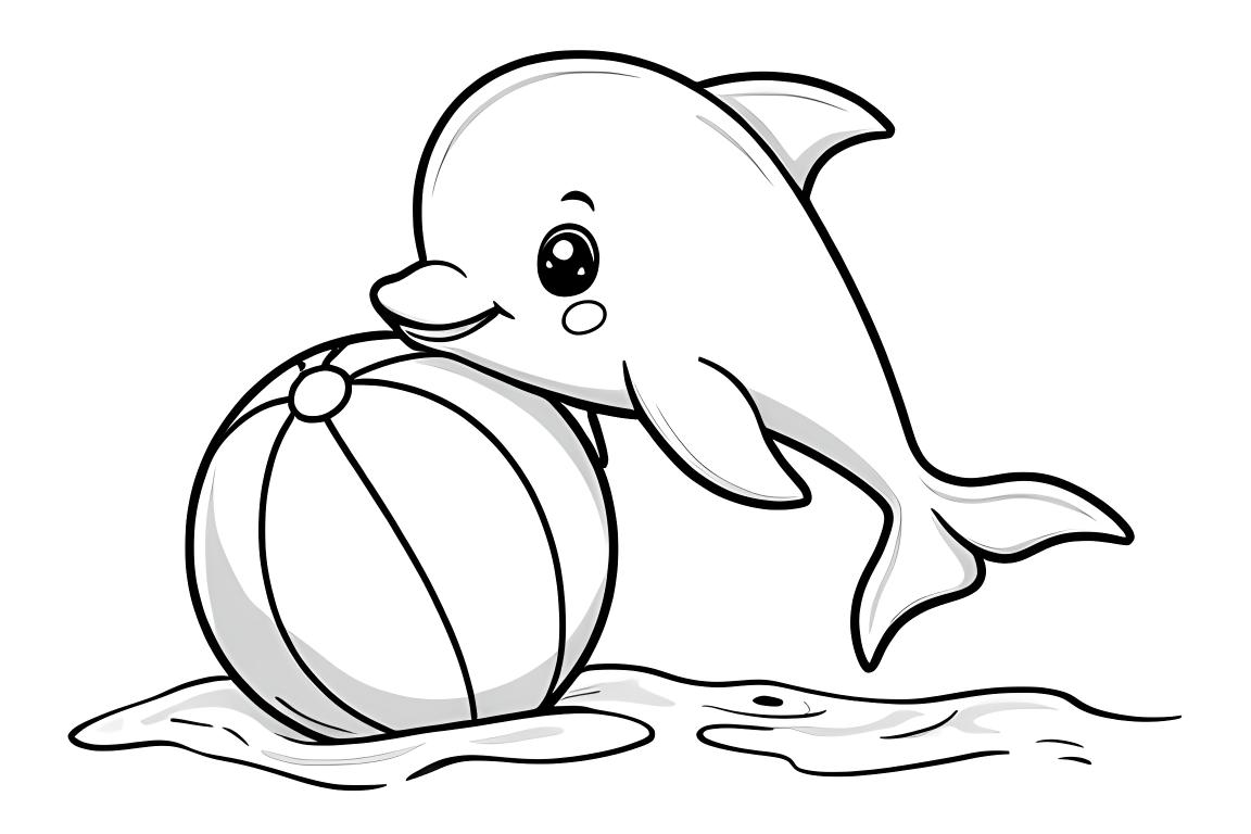 Dessin facile à colorier d'un bébé dauphin jouant avec une balle de plage pour les enfants de 3 ans