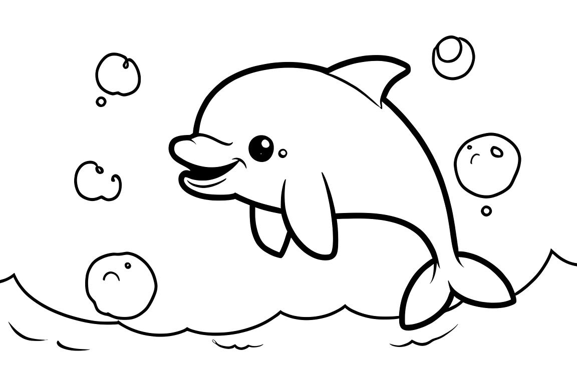 Illustration facile à colorier montrant un bébé dauphin soufflant des bulles conçue pour les enfants de 3 ans