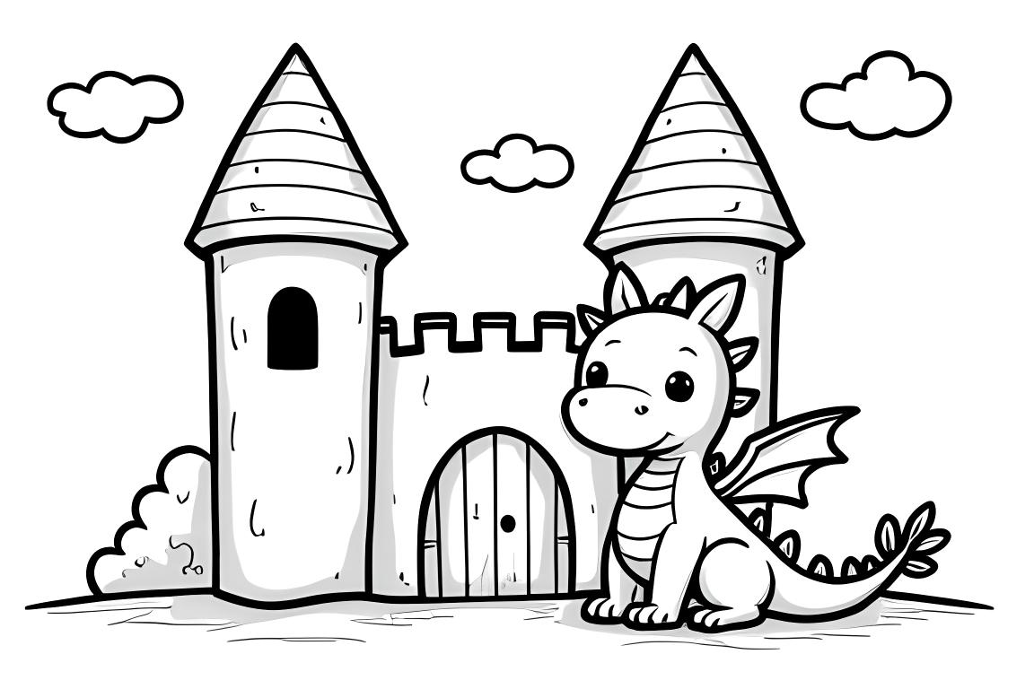 Página simple de un libro de colorear para niños mostrando un lindo dragón bebé frente a un castillo de cuento de hadas, perfecta para los más pequeños