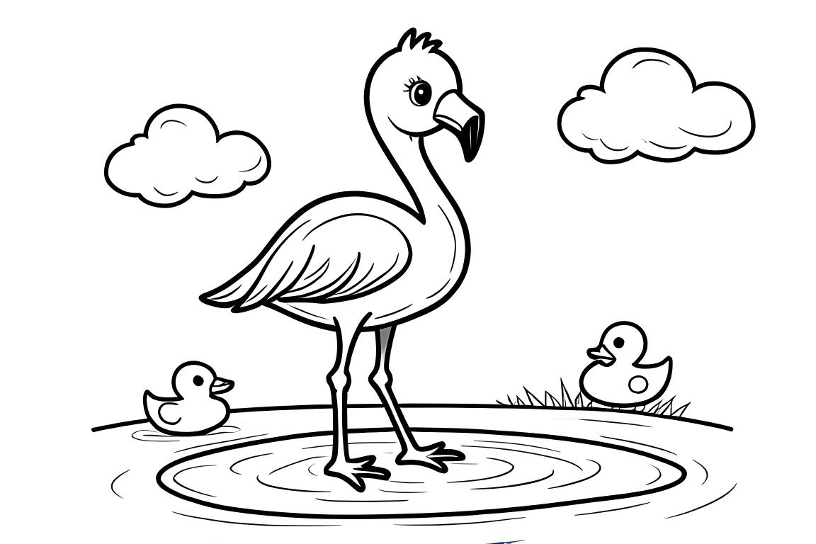 Page de coloriage simple pour enfants d'un mignon bébé flamant rose jouant dans une flaque avec des canards en caoutchouc