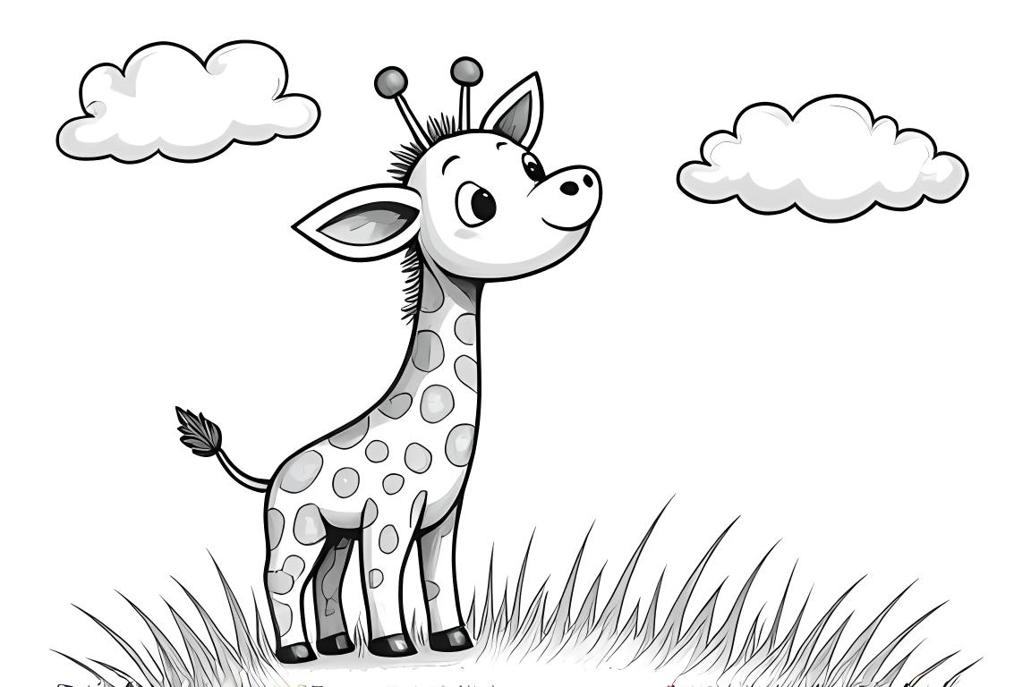 Pagina di un libro da colorare semplice per bambini di una carina giraffa baby che guarda una farfalla, perfetta per i bambini piccoli