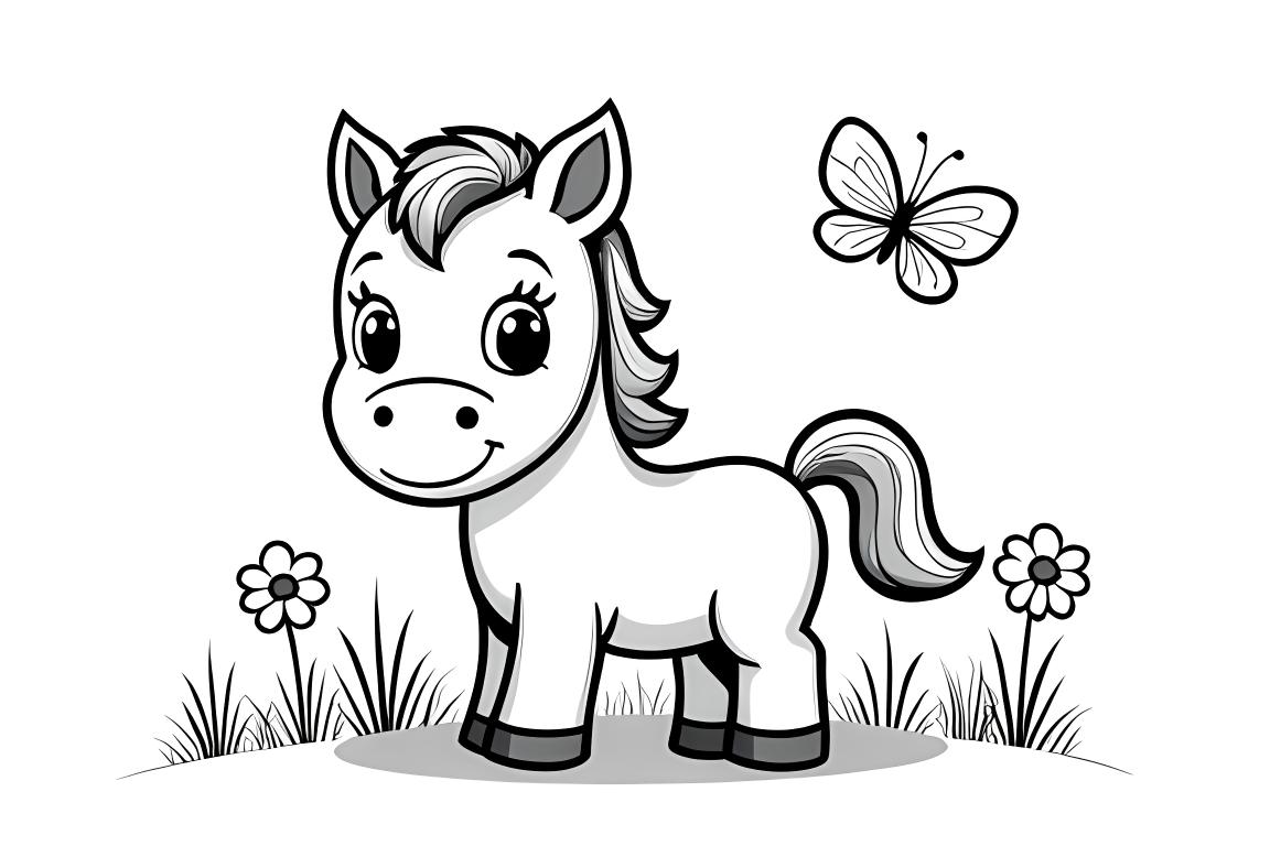 Ilustración simple de un libro de colorear infantil de un lindo bebé caballo con mariposas en un jardín, perfecto para niños pequeños.