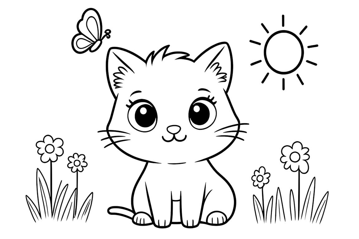 Illustration de livre de coloriage simple d'un mignon chaton jouant avec un papillon dans le jardin pour les tout-petits