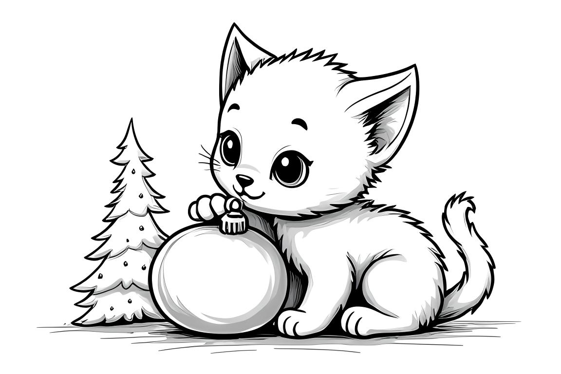 Página de libro de colorear infantil simple de un lindo gatito bebé jugando con un adorno navideño