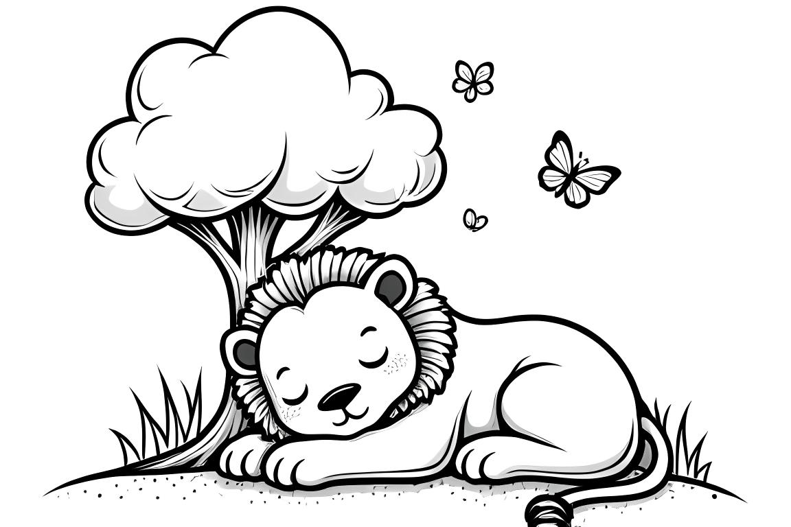 Page de livre de coloriage simple pour enfants d'un mignon bébé lion dormant sous un arbre, parfaite pour les tout-petits