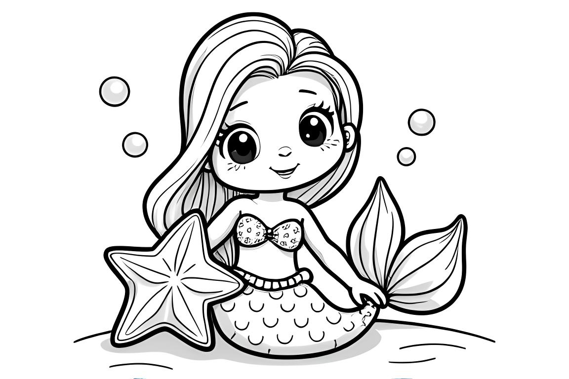 Ilustración simple de libro para colorear infantil de una sirenita bebé sosteniendo una estrella de mar amistosa
