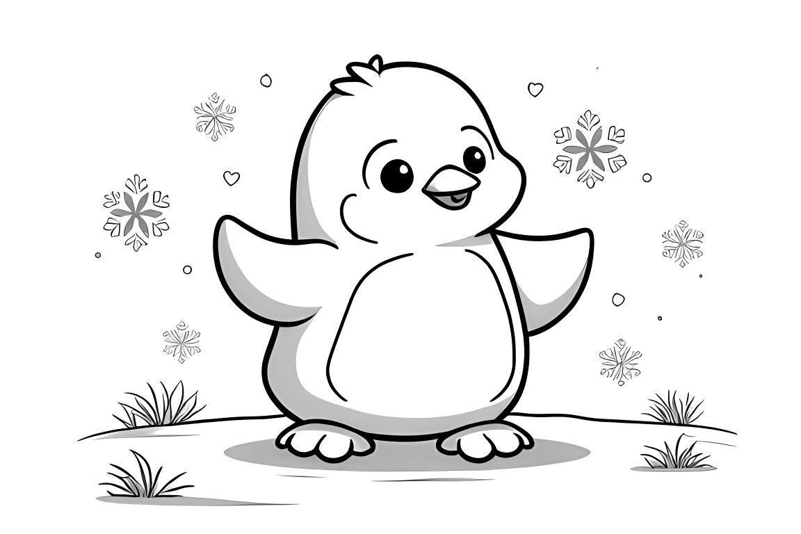 Einfache Malvorlage für Kinder mit einem niedlichen Baby-Pinguin, der mit Schneeflocken spielt, perfekt für Kleinkinder
