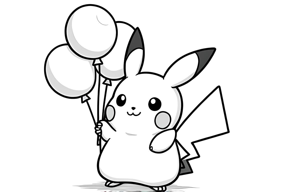 Página de colorir infantil simples de um baby Pikachu segurando balões, perfeita para crianças pequenas