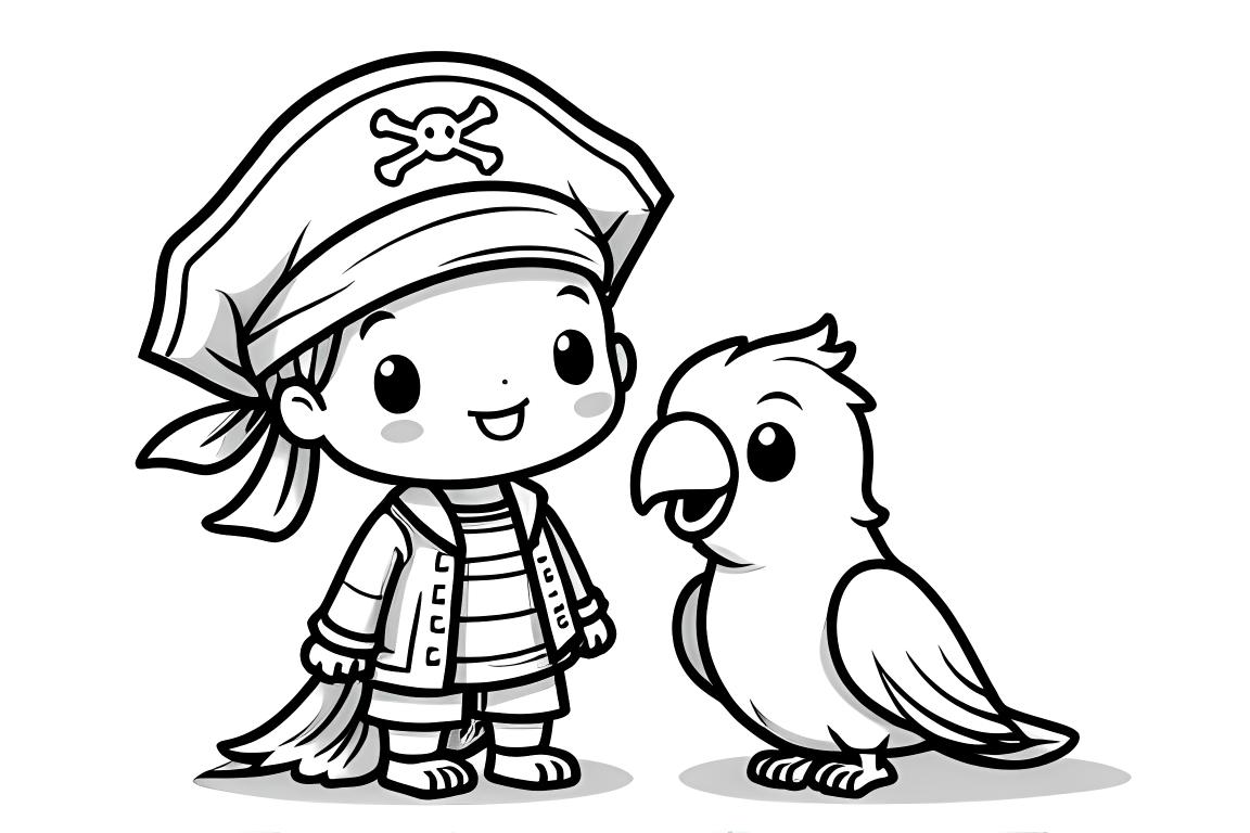 Pagina semplice di un libro da colorare per bambini con un carino baby pirata e un pappagallo amichevole per bambini piccoli