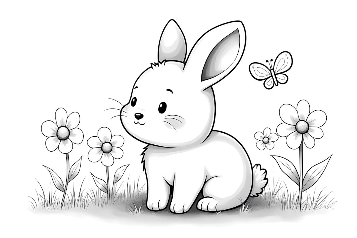 Pagina di un libro da colorare per bambini con un coniglio nel giardino con grandi fiori e una farfalla