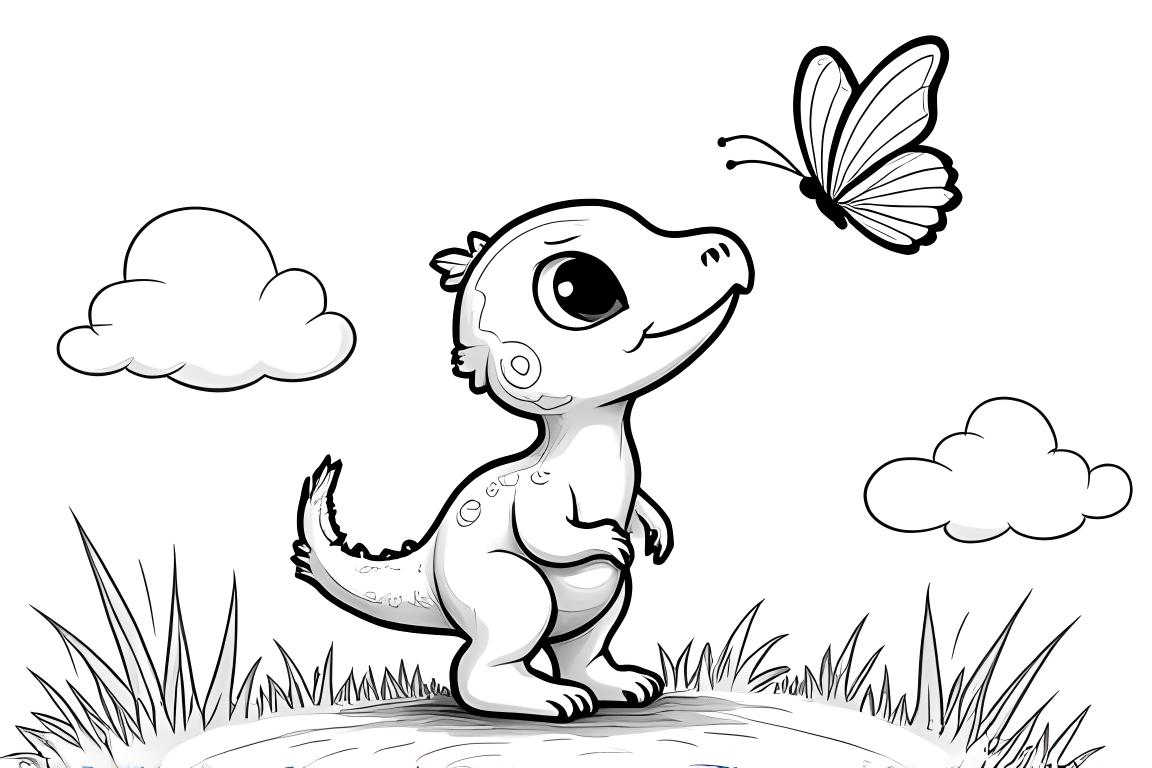 Einfache Ausmalseite für Kinder mit einem freundlichen Baby-Raptor, der einen Schmetterling anschaut, perfekt für Kleinkinder