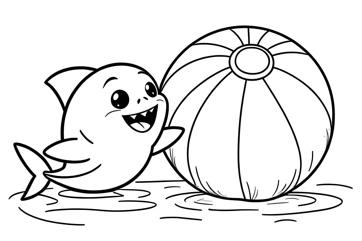 Illustration simple de livre de coloriage pour enfants montrant un bébé requin jouant avec un ballon de plage dans l'eau