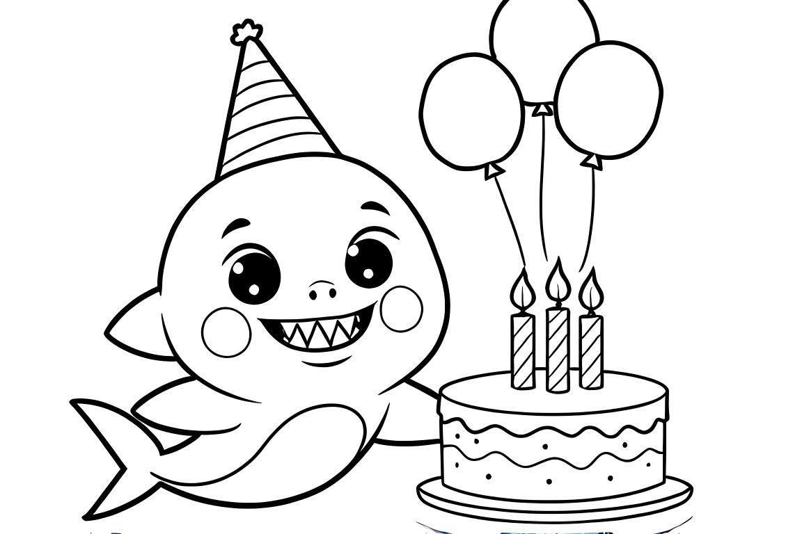 Illustration simple de livre de coloriage pour enfants montrant un bébé requin fêtant son anniversaire avec un gâteau et des ballons